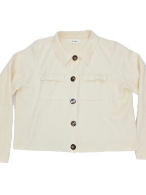 Senllen Button Cardigan Sweater Womens Large White Cream Cropped Shacket Knit